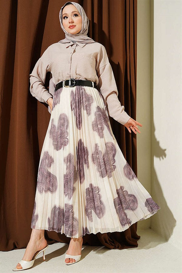 Paisley Pattern Pleated Chiffon Skirt, Plum