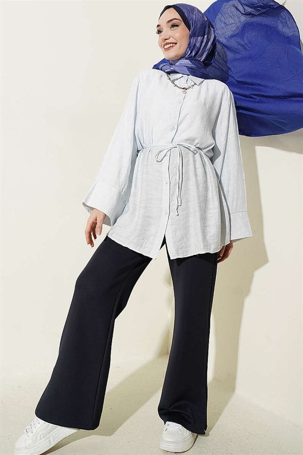 Paisley Patterned Drawstring Belted Shirt Ice Blue