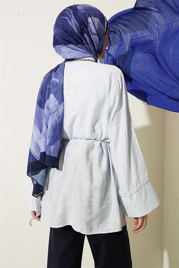 Paisley Patterned Drawstring Belted Shirt Ice Blue
