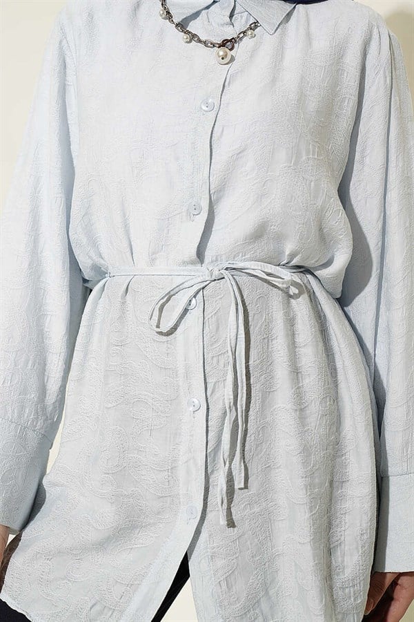 Paisley Patterned Drawstring Belted Shirt Ice Blue