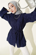 Paisley Patterned Shirt with Drawstring, Navy Blue