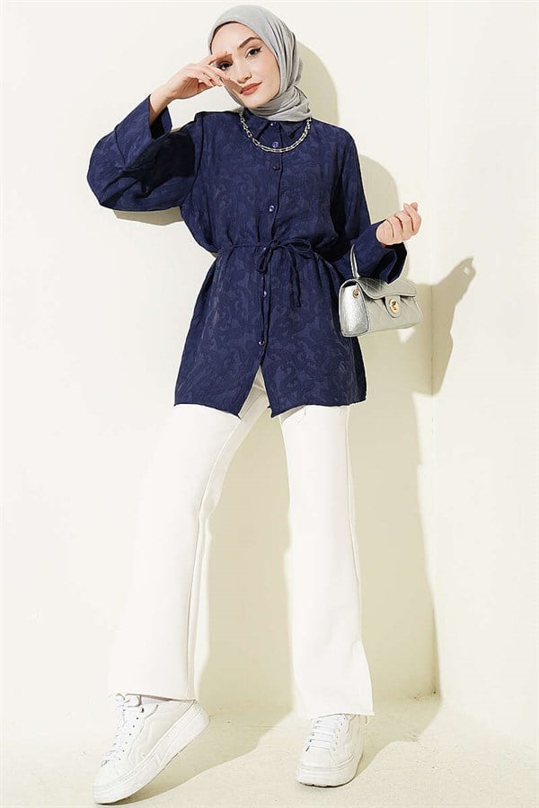 Paisley Patterned Shirt with Drawstring, Navy Blue