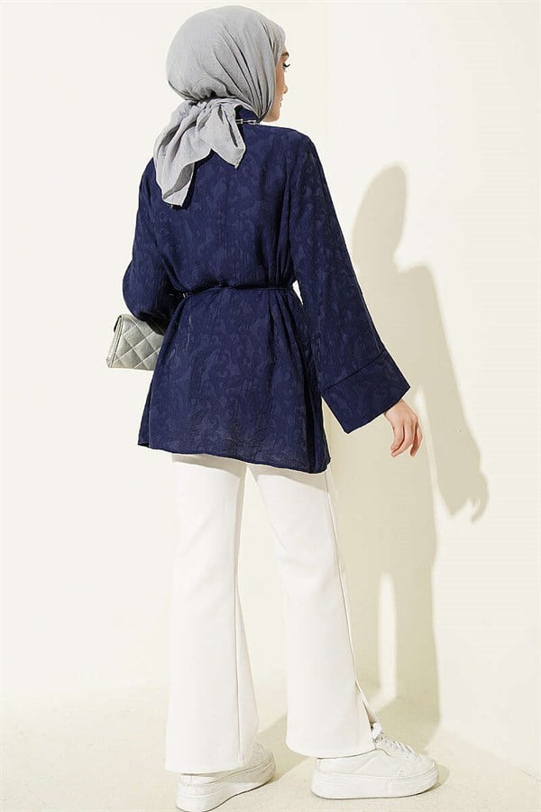 Paisley Patterned Shirt with Drawstring, Navy Blue