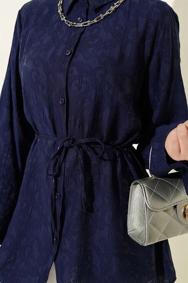 Paisley Patterned Shirt with Drawstring, Navy Blue