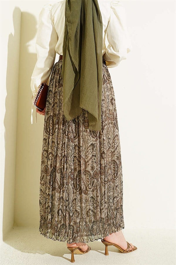 Paisley Patterned Belted Tulle Skirt Beige