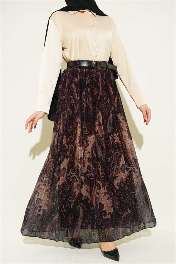 Paisley Patterned Belted Tulle Skirt Black