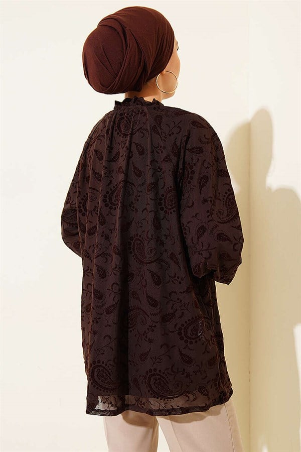 Paisley Patterned Tulle Shirt, Coffee