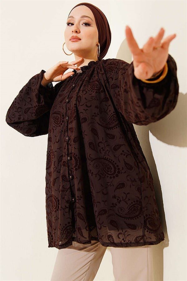 Paisley Patterned Tulle Shirt, Coffee