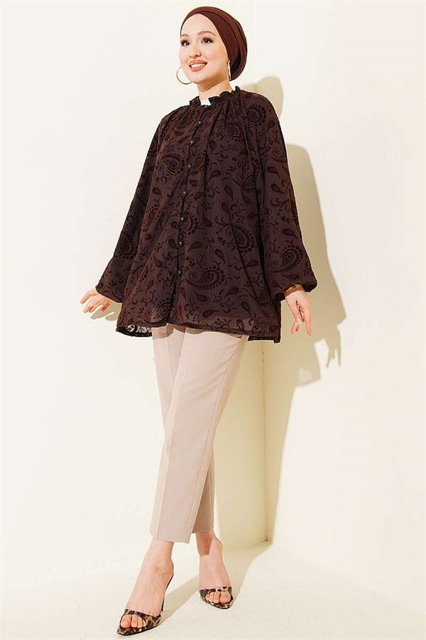 Paisley Patterned Tulle Shirt, Coffee