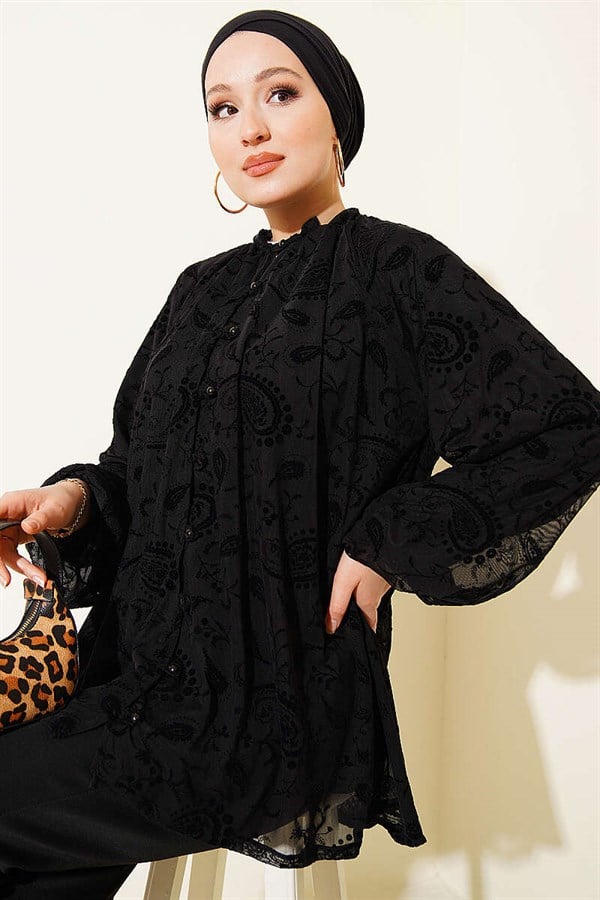 Paisley Patterned Tulle Shirt Black