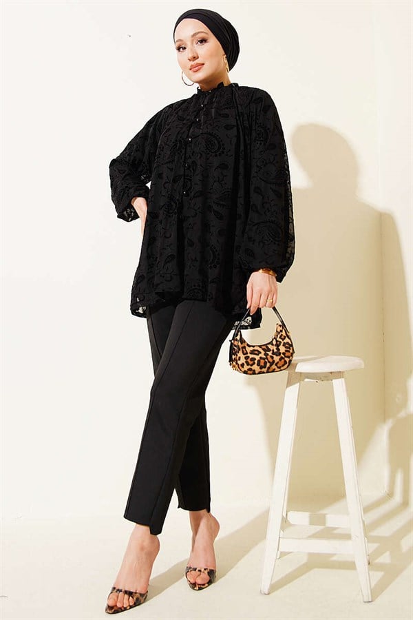 Paisley Patterned Tulle Shirt Black