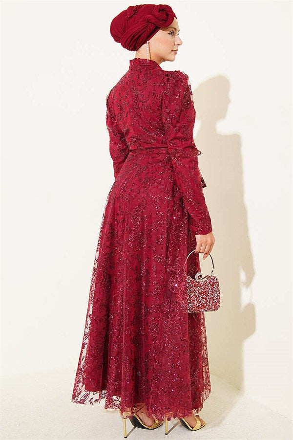 Paisley Sequin Evening Dress in Burgundy
