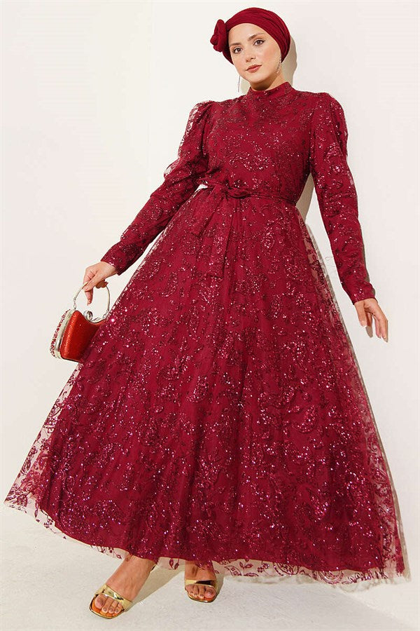 Paisley Sequin Evening Dress in Burgundy