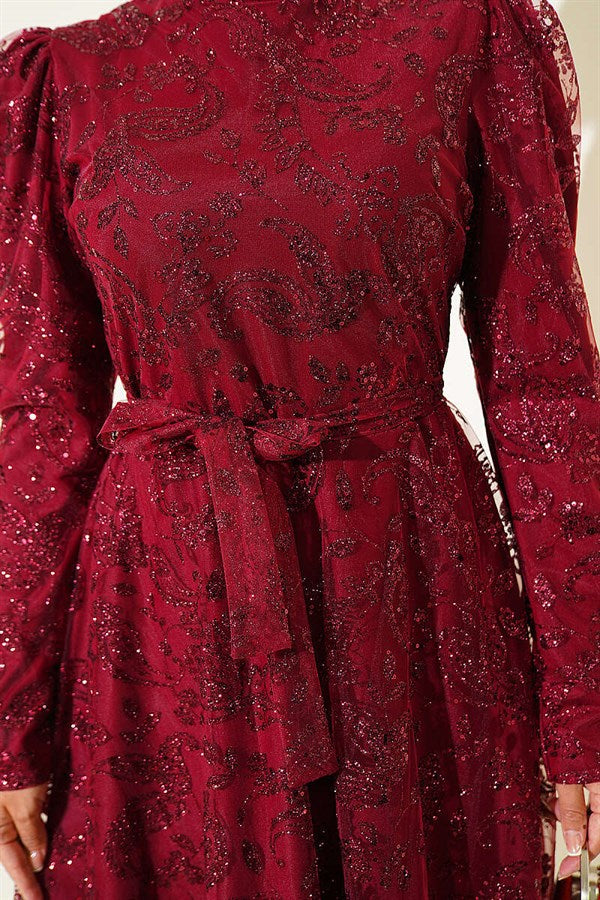 Paisley Sequin Evening Dress in Burgundy