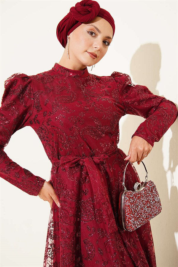 Paisley Sequin Evening Dress in Burgundy