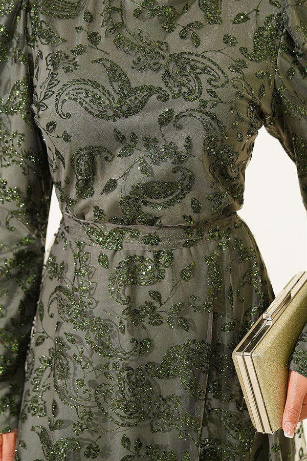 Paisley Glitter Sequin Evening Dress Khaki