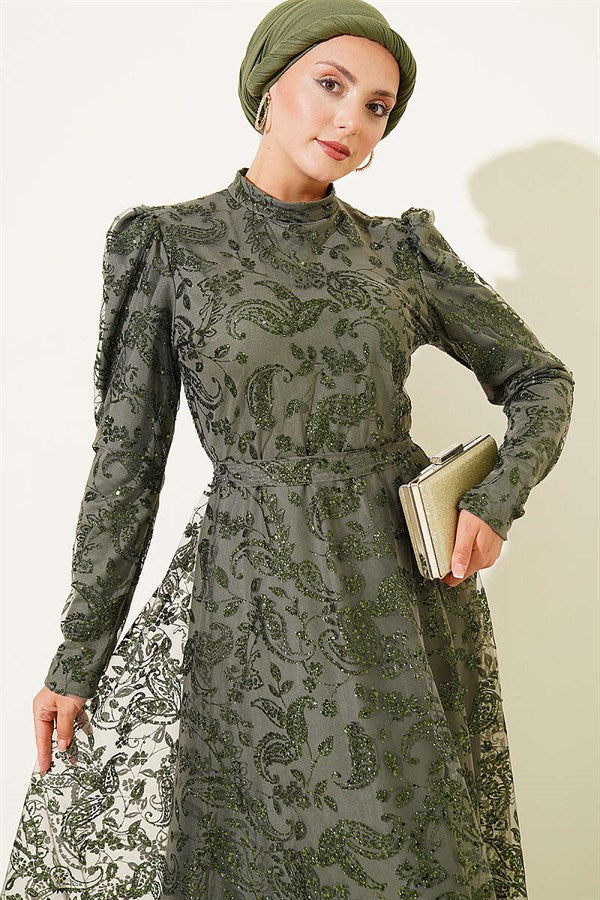 Paisley Glitter Sequin Evening Dress Khaki