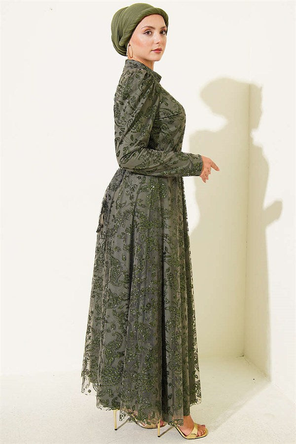 Paisley Glitter Sequin Evening Dress Khaki