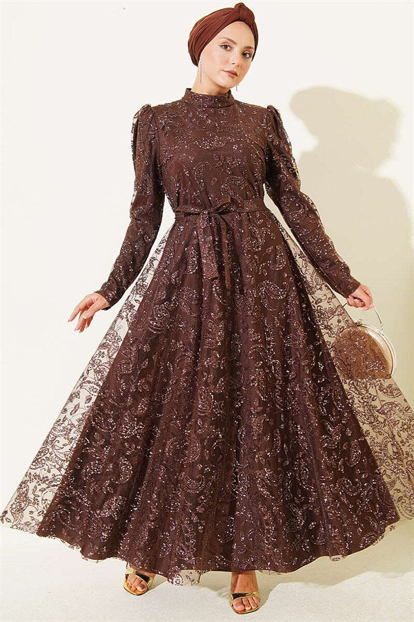 Paisley Sequin Evening Dress in Brown