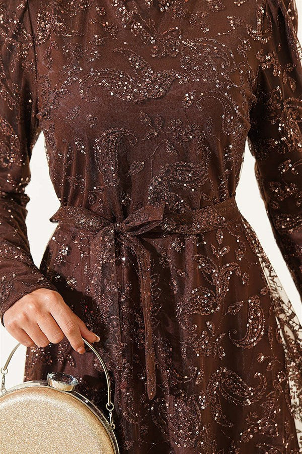 Paisley Sequin Evening Dress in Brown