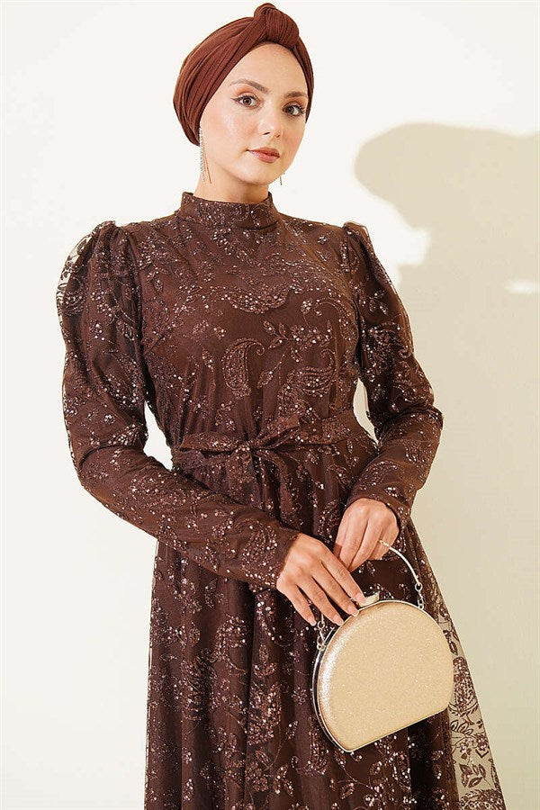 Paisley Sequin Evening Dress in Brown