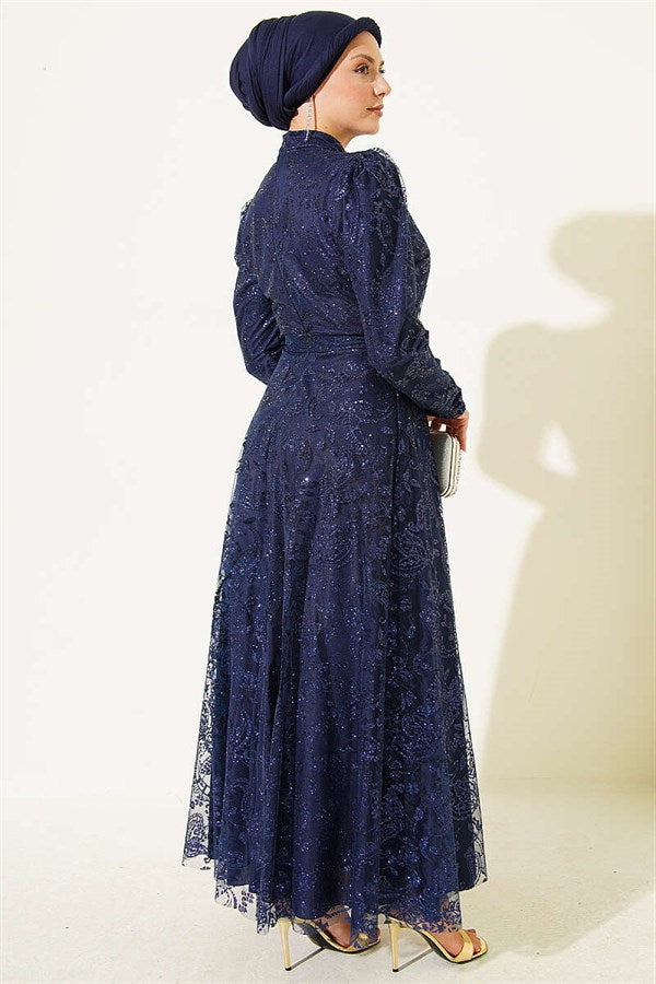 Paisley Glitter Sequin Evening Dress Navy Blue