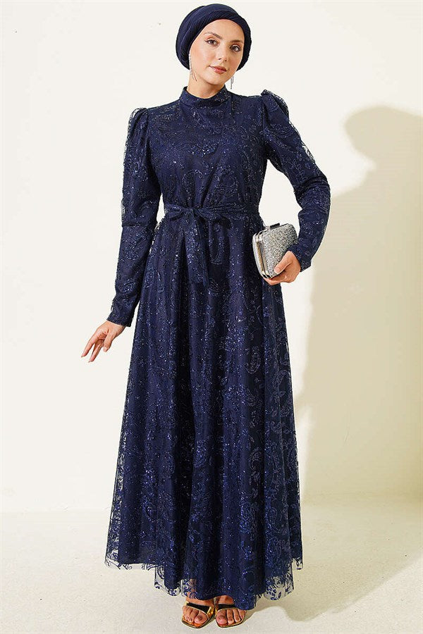 Paisley Glitter Sequin Evening Dress Navy Blue
