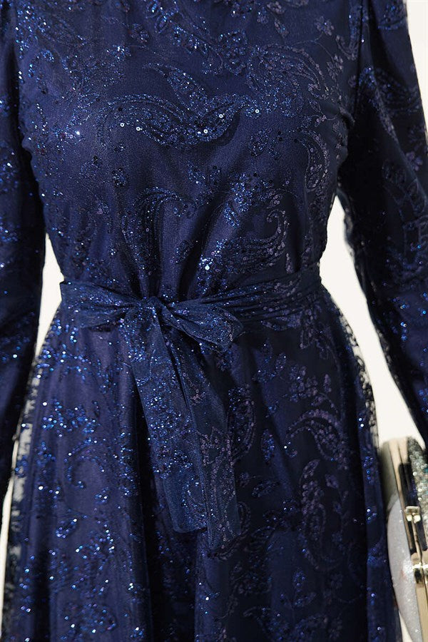 Paisley Glitter Sequin Evening Dress Navy Blue