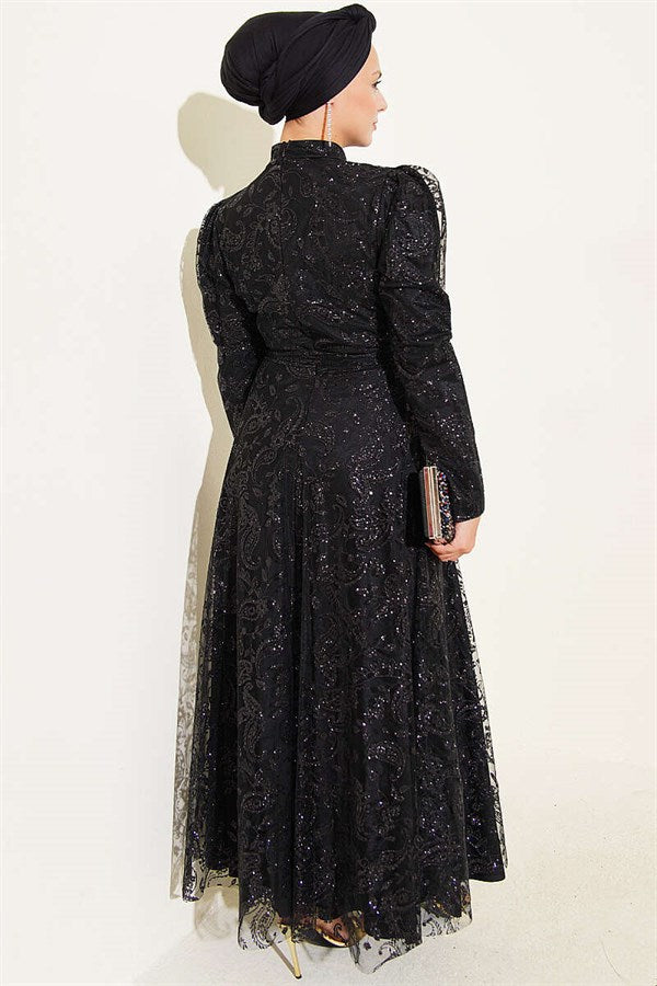 Paisley Glitter Sequin Evening Dress Black