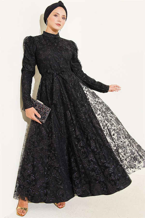 Paisley Glitter Sequin Evening Dress Black