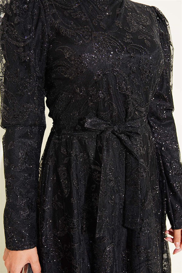 Paisley Glitter Sequin Evening Dress Black