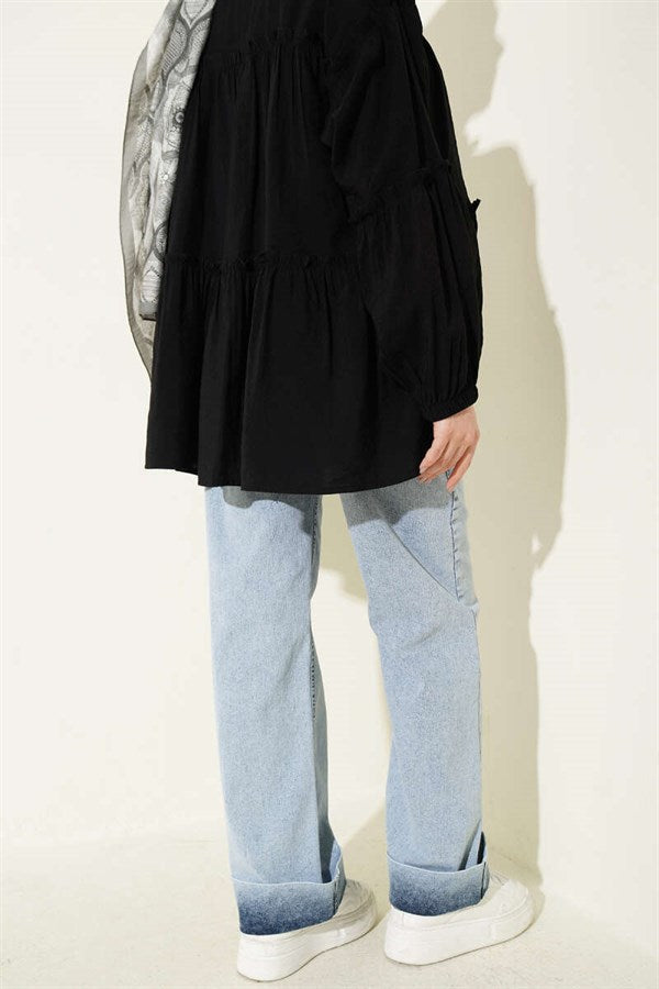 Palazzo Belted Denim Trousers Ice Blue