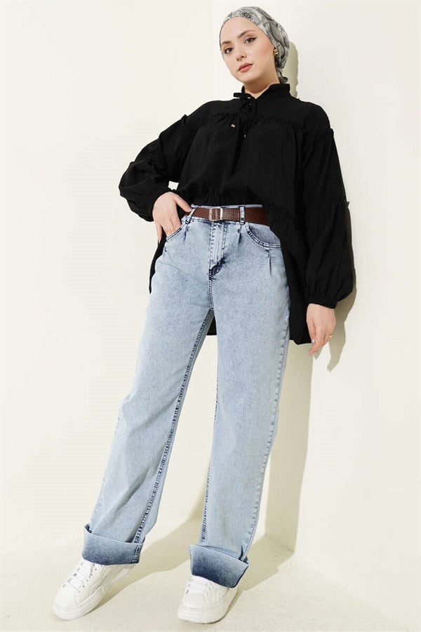 Palazzo Belted Denim Trousers Ice Blue