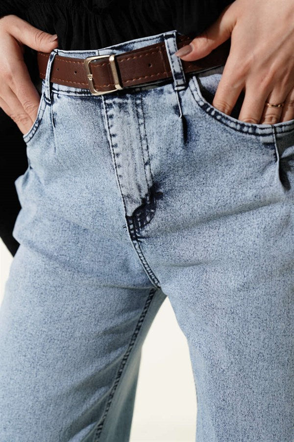 Palazzo Belted Denim Trousers Ice Blue