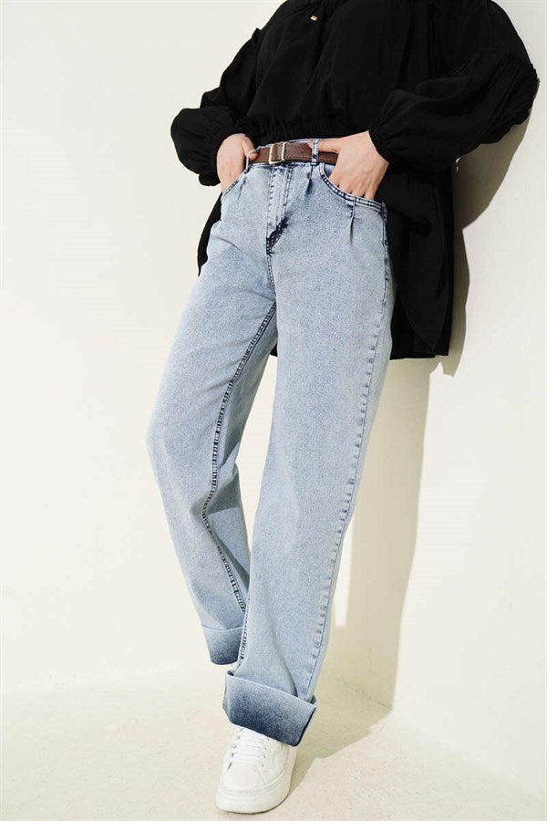 Palazzo Belted Denim Trousers Ice Blue