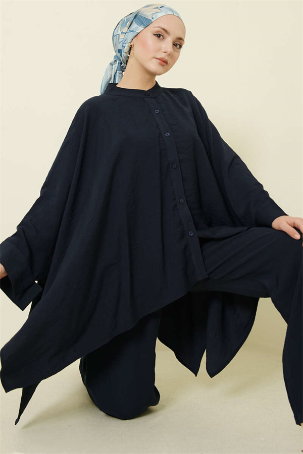 Oversize Tencel 2 Piece Set with Poncho, Navy Blue