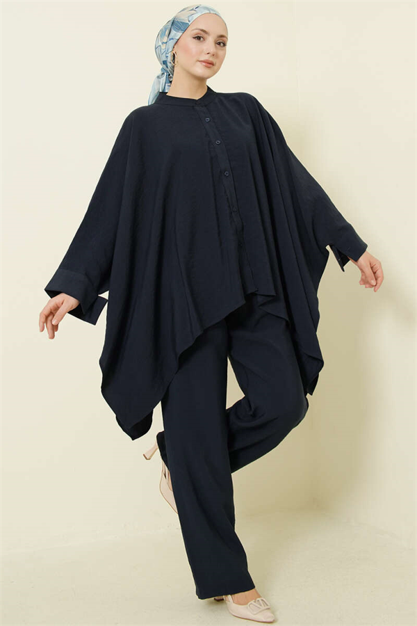 Oversize Tencel 2 Piece Set with Poncho, Navy Blue