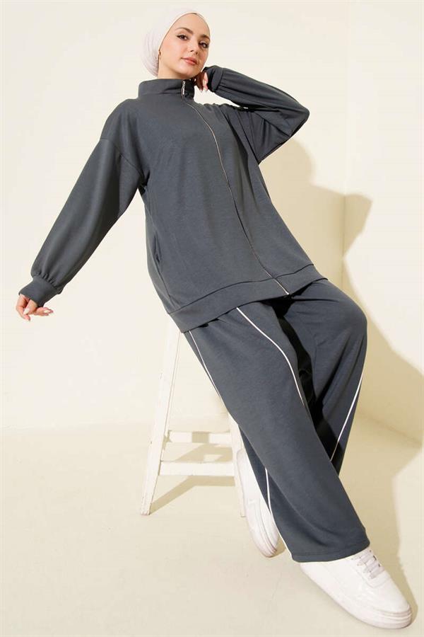 Loysha 2 Piece Set with Trim and Zipper, Smoke Grey