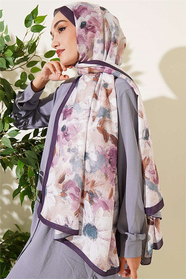 Daisy Flower Patterned Soft Scarf, Plum