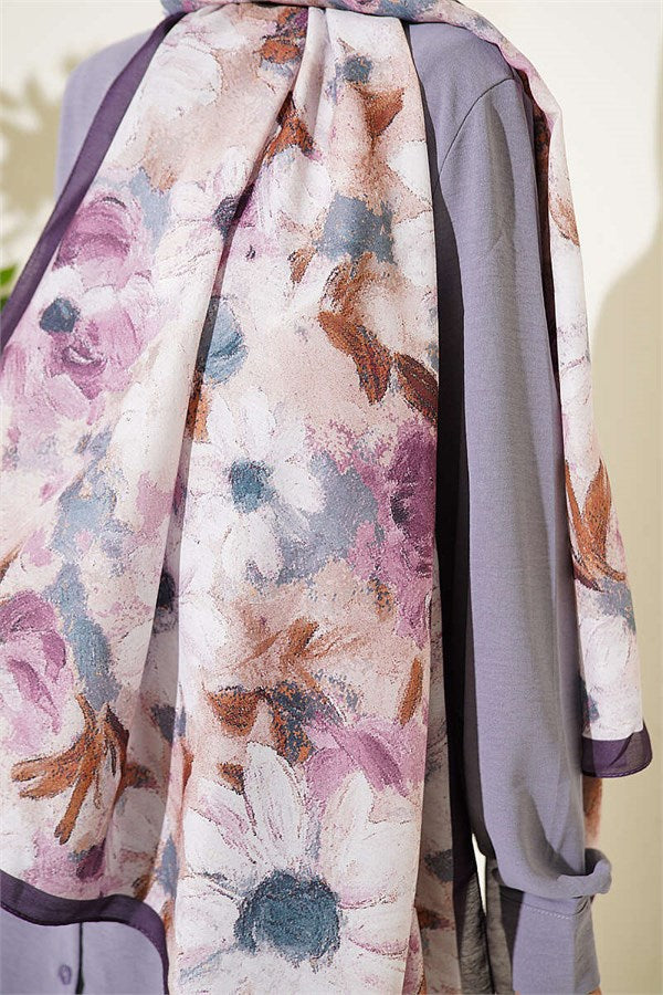 Daisy Flower Patterned Soft Scarf, Plum