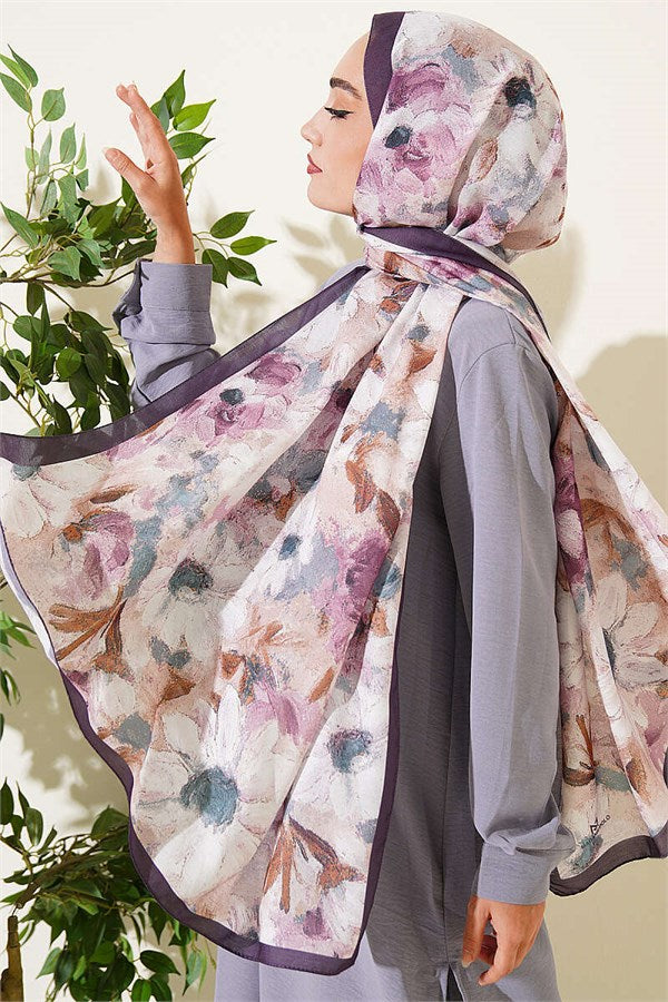 Daisy Flower Patterned Soft Scarf, Plum