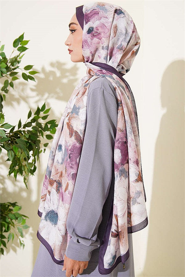 Daisy Flower Patterned Soft Scarf, Plum
