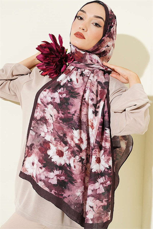 Daisy Patterned Bamboo Crush Scarf Dark Brown