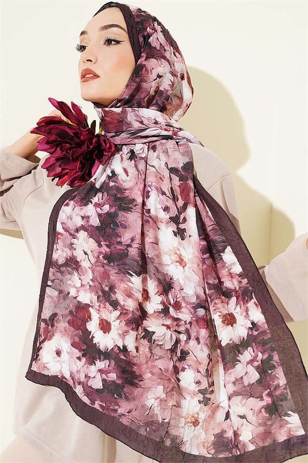 Daisy Patterned Bamboo Crush Scarf Dark Brown