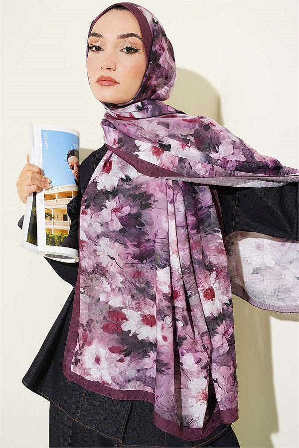 Daisy Patterned Bamboo Scarf Shawl Burgundy