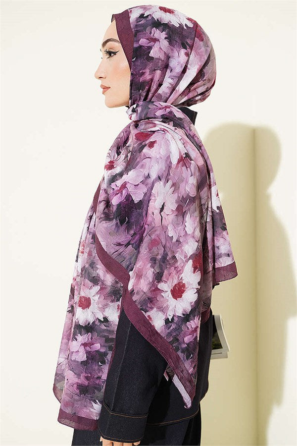 Daisy Patterned Bamboo Scarf Shawl Burgundy