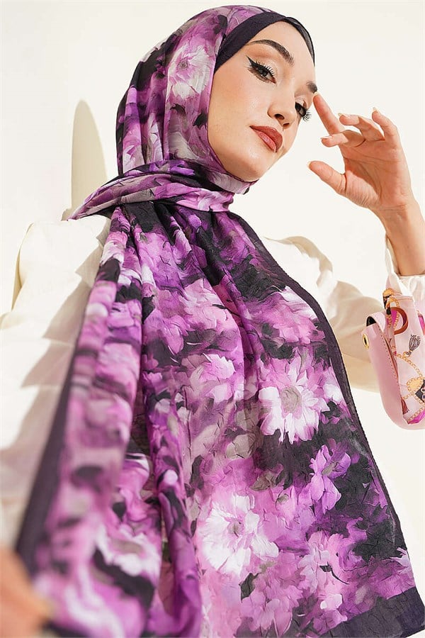Daisy Patterned Bamboo Kash Shawl, Purple