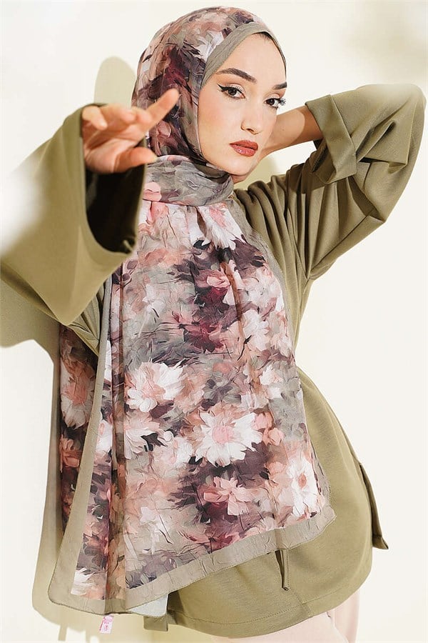 Daisy Patterned Bamboo Crash Scarf Khaki