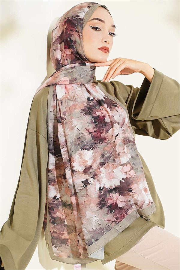 Daisy Patterned Bamboo Crash Scarf Khaki