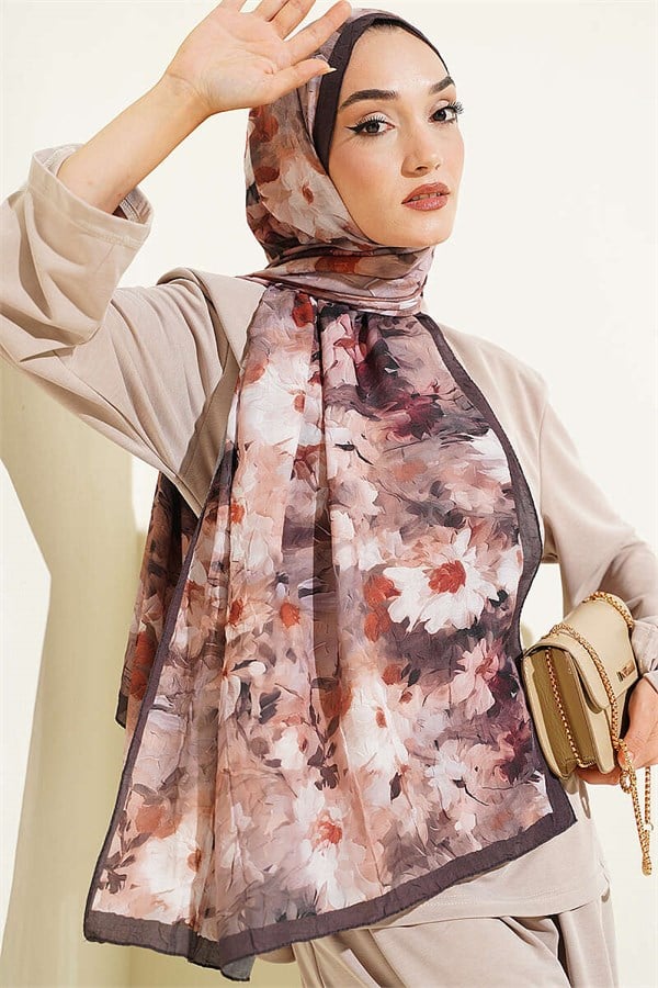 Daisy Patterned Bamboo Crush Shawl Chestnut